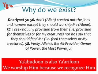 Why do we exist?
Dhariyaat 51: 56. And I (Allah) created not the jinns
and humans except they should worship Me (Alone).
57. I seek not any provision from them (i.e. provision
for themselves or for My creatures) nor do I ask that
they should feed Me (i.e. feed themselves or My
creatures). 58. Verily, Allah is the All-Provider, Owner
of Power, the Most Powerful.
Ya’abudoon is also Ya’arifoon
We worship Him because we recognize Him
 
