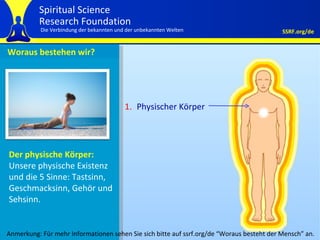 Woraus bestehen wir? Om Namo Bhagawate Vasudevyaa Physischer Körper Der physische Körper:   Unsere physische Existenz und die 5 Sinne: Tastsinn, Geschmacksinn, Gehör und Sehsinn. Anmerkung: Für mehr Informationen sehen Sie sich bitte auf ssrf.org/de  “ Woraus besteht der Mensch ”  an. 