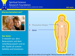Woraus bestehen wir? Om Namo Bhagawate Vasudevyaa Physischer Körper Geist  Der Geist:   Er besteht aus  dem Bewusstsein und dem Unterbewusstsein und ist die  Quelle all unserer Gefühle und Emotionen Anmerkung: Für mehr Informationen sehen Sie sich bitte auf ssrf.org/de  “ Woraus besteht der Mensch ”  an. 