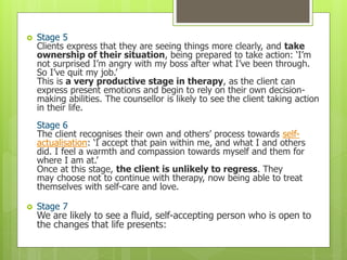  Stage 5
Clients express that they are seeing things more clearly, and take
ownership of their situation, being prepared to take action: ‘I’m
not surprised I’m angry with my boss after what I’ve been through.
So I’ve quit my job.’
This is a very productive stage in therapy, as the client can
express present emotions and begin to rely on their own decision-
making abilities. The counsellor is likely to see the client taking action
in their life.
Stage 6
The client recognises their own and others’ process towards self-
actualisation: ‘I accept that pain within me, and what I and others
did. I feel a warmth and compassion towards myself and them for
where I am at.’
Once at this stage, the client is unlikely to regress. They
may choose not to continue with therapy, now being able to treat
themselves with self-care and love.
 Stage 7
We are likely to see a fluid, self-accepting person who is open to
the changes that life presents:
 