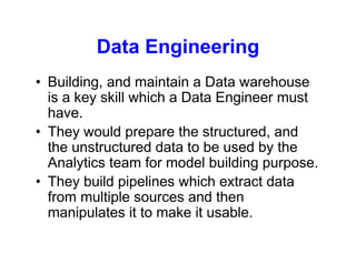 Data Engineering
• Building, and maintain a Data warehouse
is a key skill which a Data Engineer must
have.
• They would prepare the structured, and
the unstructured data to be used by the
Analytics team for model building purpose.
• They build pipelines which extract data
from multiple sources and then
manipulates it to make it usable.
 