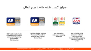 ‫المللی‬ ‫بین‬ ‫متعدد‬ ‫شده‬ ‫کسب‬ ‫جوایز‬
ESET product is the leader
in lowest system-resource
consumption by testing
authority AV-
Comparatives
ESET has received the most
"Advanced+" awards in
proactive tests from AV-
Comparatives
The only vendor
with record-breaking
protection
ESET achieves 100%
protection in Dennis
Technology labs
independent test, topping
the list of IT security
vendors
‫محصوالت‬ ‫رسمی‬ ‫کننده‬ ‫توزیع‬ ،‫ایده‬ ‫ورا‬ ‫فار‬ ‫شرکت‬ESET‫سایت‬ ‫وب‬ ،‫ایران‬ ‫در‬:www.farbeyondidea.com
 