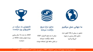 ‫در‬ ‫سرآمد‬ ،‫ما‬ ‫تکنولوژی‬
‫روز‬ ‫فناوریهای‬‫دنیاست‬
ESET‫مدت‬ ‫به‬ ،13‫پیاپی‬ ‫سال‬
‫متعدد‬ ‫جوایز‬ ‫برنده‬VB100‫در‬
‫دنیاست‬
‫با‬ ‫اقتصادی‬ ‫توجیه‬ ‫دارای‬‫ال‬
‫سریع‬ ‫نرخ‬ ‫بدلیل‬
‫سرمایه‬ ‫بازگشت‬
‫کاربران‬ ‫سوم‬ ‫دو‬ ‫از‬ ‫بیش‬ESET
‫سرمایه‬ ‫بازگشت‬ ‫شاهد‬
‫بودند‬ ‫استفاده‬ ‫اول‬ ‫ماهه‬ ‫شش‬ ‫در‬
‫عمل‬ ‫جهانی‬ ‫ما‬‫میکنیم‬
‫از‬ ‫بیش‬ ‫در‬ ‫حضور‬180،‫دنیا‬ ‫کشور‬
،‫اروپا‬ ‫در‬ ‫رسمی‬ ‫دفاتر‬ ‫دارای‬
‫آسیا‬ ‫و‬ ‫آمریکا‬
‫محصوالت‬ ‫رسمی‬ ‫کننده‬ ‫توزیع‬ ،‫ایده‬ ‫ورا‬ ‫فار‬ ‫شرکت‬ESET‫سایت‬ ‫وب‬ ،‫ایران‬ ‫در‬:www.farbeyondidea.com
 