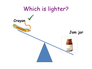 Which is lighter?
Crayon
Jam jar
 