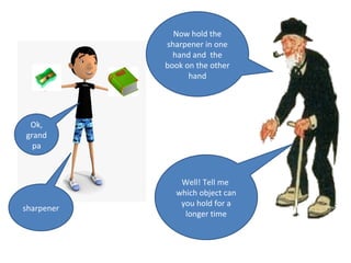 Now hold the
sharpener in one
hand and the
book on the other
hand
sharpener
Well! Tell me
which object can
you hold for a
longer time
Ok,
grand
pa
 