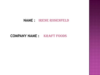 NAME : Irene ROSENFELD



COMPANY NAME :   KRAFT FOODS
 