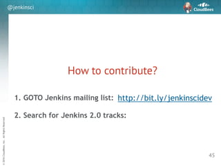 sd
©2016CloudBees,Inc.AllRightsReserved
@jenkinsci
How to contribute?
45
http://bit.ly/jenkinscidev1. GOTO Jenkins mailing list:
2. Search for Jenkins 2.0 tracks:
 