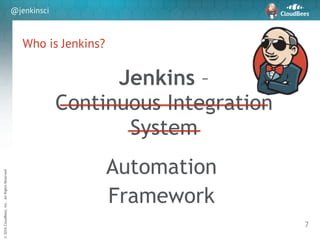 sd
©2016CloudBees,Inc.AllRightsReserved
@jenkinsci
Who is Jenkins?
7
Jenkins –
Continuous Integration
System
Automation
Fr...