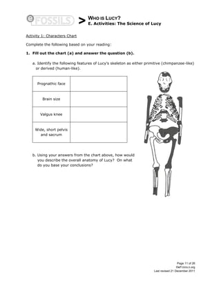 > WHO IS LUCY?
E. Activities: The Science of Lucy
Page 11 of 26
©eFOSSILS.org
Last revised 21 December 2011
Activity 1: Characters Chart
Complete the following based on your reading:
1. Fill out the chart (a) and answer the question (b).
a. Identify the following features of Lucy’s skeleton as either primitive (chimpanzee-like)
or derived (human-like).
Prognathic face
Brain size
Valgus knee
Wide, short pelvis
and sacrum
b. Using your answers from the chart above, how would
you describe the overall anatomy of Lucy? On what
do you base your conclusions?
 