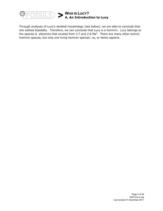 > WHO IS LUCY?
A. An Introduction to Lucy
Page 4 of 26
©eFOSSILS.org
Last revised 21 December 2011
Through analyses of Lucy’s skeletal morphology (see below), we are able to conclude that
she walked bipedally. Therefore, we can conclude that Lucy is a hominin. Lucy belongs to
the species A. afarensis that existed from 3.7 and 2.8 Ma2
. There are many other extinct
hominin species, but only one living hominin species: us, or Homo sapiens.
 