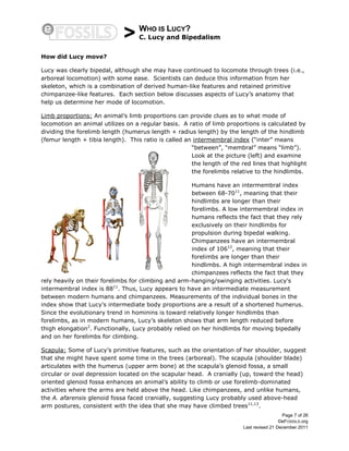 > WHO IS LUCY?
C. Lucy and Bipedalism
Page 7 of 26
©eFOSSILS.org
Last revised 21 December 2011
How did Lucy move?
Lucy was clearly bipedal, although she may have continued to locomote through trees (i.e.,
arboreal locomotion) with some ease. Scientists can deduce this information from her
skeleton, which is a combination of derived human-like features and retained primitive
chimpanzee-like features. Each section below discusses aspects of Lucy’s anatomy that
help us determine her mode of locomotion.
Limb proportions: An animal’s limb proportions can provide clues as to what mode of
locomotion an animal utilizes on a regular basis. A ratio of limb proportions is calculated by
dividing the forelimb length (humerus length + radius length) by the length of the hindlimb
(femur length + tibia length). This ratio is called an intermembral index (“inter” means
“between”, “membral” means “limb”).
Look at the picture (left) and examine
the length of the red lines that highlight
the forelimbs relative to the hindlimbs.
Humans have an intermembral index
between 68-7011
, meaning that their
hindlimbs are longer than their
forelimbs. A low intermembral index in
humans reflects the fact that they rely
exclusively on their hindlimbs for
propulsion during bipedal walking.
Chimpanzees have an intermembral
index of 10612
, meaning that their
forelimbs are longer than their
hindlimbs. A high intermembral index in
chimpanzees reflects the fact that they
rely heavily on their forelimbs for climbing and arm-hanging/swinging activities. Lucy's
intermembral index is 8811
. Thus, Lucy appears to have an intermediate measurement
between modern humans and chimpanzees. Measurements of the individual bones in the
index show that Lucy’s intermediate body proportions are a result of a shortened humerus.
Since the evolutionary trend in hominins is toward relatively longer hindlimbs than
forelimbs, as in modern humans, Lucy’s skeleton shows that arm length reduced before
thigh elongation2
. Functionally, Lucy probably relied on her hindlimbs for moving bipedally
and on her forelimbs for climbing.
Scapula: Some of Lucy’s primitive features, such as the orientation of her shoulder, suggest
that she might have spent some time in the trees (arboreal). The scapula (shoulder blade)
articulates with the humerus (upper arm bone) at the scapula’s glenoid fossa, a small
circular or oval depression located on the scapular head. A cranially (up, toward the head)
oriented glenoid fossa enhances an animal’s ability to climb or use forelimb-dominated
activities where the arms are held above the head. Like chimpanzees, and unlike humans,
the A. afarensis glenoid fossa faced cranially, suggesting Lucy probably used above-head
arm postures, consistent with the idea that she may have climbed trees11,13
.
 