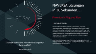 www.naveksa.de
» NAVEKSA IST EINFACH
Unsere Software ist fast so leicht zu installieren, wie eine
Smartphone-App und integrieren sich nahtlos und schnell in den
Unternehmensalltag. Leichte Erlernbarkeit, schnelle Erfolge und
Flexibilität sorgen für rasche Akzeptanz: NAVEKSA ist Software, die
ihre Nutzer nicht mit starren Algorithmen gängelt, sondern das
Wissen und die Erfahrung im Unternehmen mühelos integriert –
und wirksam erweitert.
Eine NAVEKSA Lösung erzeugt Flow in der Fertigungstechnik mit
CADCONNECTPML, in der Logistik mit ITEMPLANNINGIVD , und in der
Produktion mit SHOPFLOORSFS
NAVEKSA Lösungen
in 30 Sekunden...
Flow durch Plug and Play
Microsoft zertifizierte Produktionslösungen für
Dynamics NAV
 