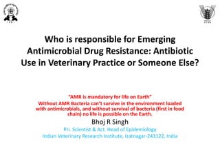 Who is responsible for Emerging
Antimicrobial Drug Resistance: Antibiotic
Use in Veterinary Practice or Someone Else?
“AMR is mandatory for life on Earth”
Without AMR Bacteria can’t survive in the environment loaded
with antimicrobials, and without survival of bacteria (first in food
chain) no life is possible on the Earth.
Bhoj R Singh
Pri. Scientist & Act. Head of Epidemiology
Indian Veterinary Research Institute, Izatnagar-243122, India
 