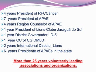 4 years President of RFCCâncer 
7 years President of APAE 
4 years Region Counselor of APAE 
1 year President of Lions Clube Jaraguá do Sul 
1 year District Governador LD-5 
1 year CC of CG DMLD 
2 years International Director Lions 
6 years Presidente of APAEs in the state 
More than 25 years volunteerly leading 
associations and organizations. 
 