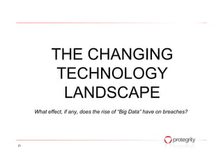 THE CHANGING
TECHNOLOGYTECHNOLOGY
LANDSCAPE
What effect, if any, does the rise of “Big Data” have on breaches?
21
 
