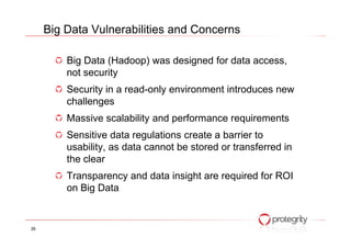 Big Data (Hadoop) was designed for data access,
not security
Security in a read-only environment introduces new
challenges
Massive scalability and performance requirements
Big Data Vulnerabilities and Concerns
Sensitive data regulations create a barrier to
usability, as data cannot be stored or transferred in
the clear
Transparency and data insight are required for ROI
on Big Data
26
 