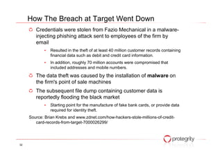 Credentials were stolen from Fazio Mechanical in a malware-
injecting phishing attack sent to employees of the firm by
email
• Resulted in the theft of at least 40 million customer records containing
financial data such as debit and credit card information.
• In addition, roughly 70 million accounts were compromised that
included addresses and mobile numbers.
The data theft was caused by the installation of malware on
How The Breach at Target Went Down
the firm's point of sale machines
The subsequent file dump containing customer data is
reportedly flooding the black market
• Starting point for the manufacture of fake bank cards, or provide data
required for identity theft.
Source: Brian Krebs and www.zdnet.com/how-hackers-stole-millions-of-credit-
card-records-from-target-7000026299/
32
 