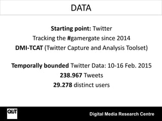 Digital Media Research Centre
Starting point: Twitter
Tracking the #gamergate since 2014
DMI-TCAT (Twitter Capture and Ana...