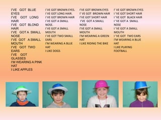 I’VE GOT BLUE
EYES
I’VE GOT LONG
HAIR
I’VE GOT BLOND
HAIR
I’VE GOT A SMALL
NOSE
I’VE GOT A SMALL
MOUTH
I’VE GOT TWO
EARS
I...