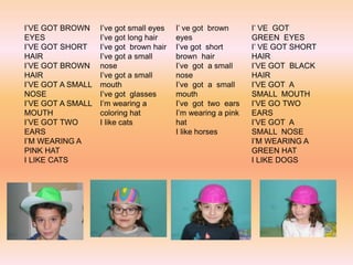 I’VE GOT BROWN
EYES
I’VE GOT SHORT
HAIR
I’VE GOT BROWN
HAIR
I’VE GOT A SMALL
NOSE
I’VE GOT A SMALL
MOUTH
I’VE GOT TWO
EARS...