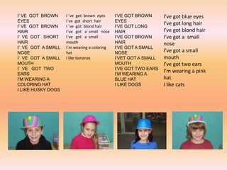 I’ VE GOT BROWN
EYES
I’ VE GOT BROWN
HAIR
I’ VE GOT SHORT
HAIR
I’ VE GOT A SMALL
NOSE
I’ VE GOT A SMALL
MOUTH
I’ VE GOT TW...