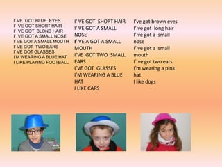 I’ VE GOT BLUE EYES
I’ VE GOT SHORT HAIR
I’ VE GOT BLOND HAIR
I’ VE GOT A SMALL NOSE
I’ VE GOT A SMALL MOUTH
I’ VE GOT TWO...