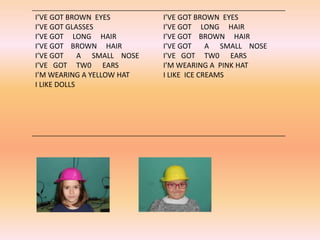 I’VE GOT BROWN EYES
I’VE GOT GLASSES
I’VE GOT LONG HAIR
I’VE GOT BROWN HAIR
I’VE GOT A SMALL NOSE
I’VE GOT TW0 EARS
I’M WE...