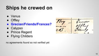 Ships he crewed on
● Venus
● Offley
● Grecian/Friends/Frances?
● Calypso
● Prince Regent
● Flying Childers
no agreements found so not verified yet
10
 