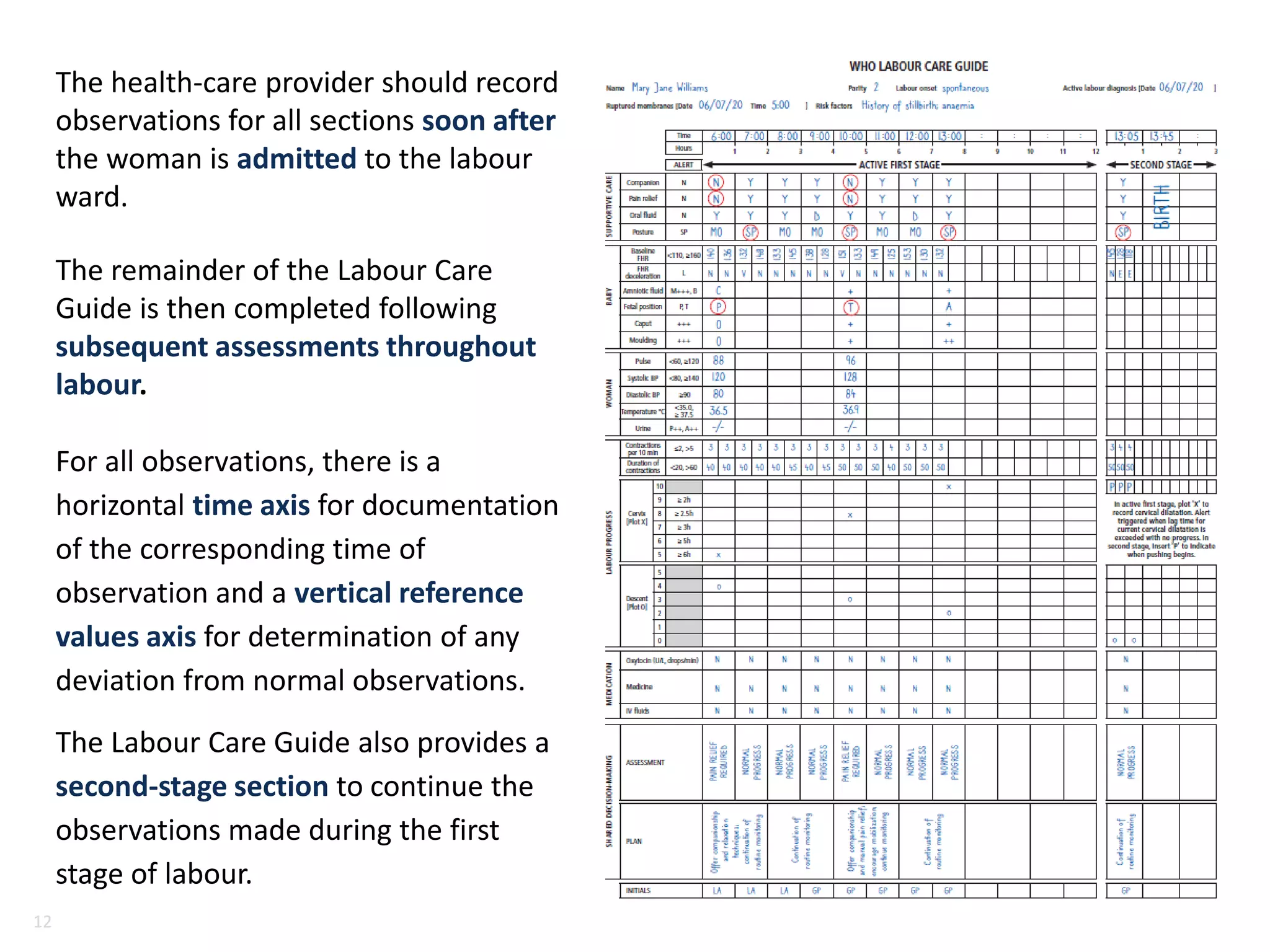 12
12
The health-care provider should record
observations for all sections soon after
the woman is admitted to the labour
ward.
The remainder of the Labour Care
Guide is then completed following
subsequent assessments throughout
labour.
For all observations, there is a
horizontal time axis for documentation
of the corresponding time of
observation and a vertical reference
values axis for determination of any
deviation from normal observations.
The Labour Care Guide also provides a
second-stage section to continue the
observations made during the first
stage of labour.
 