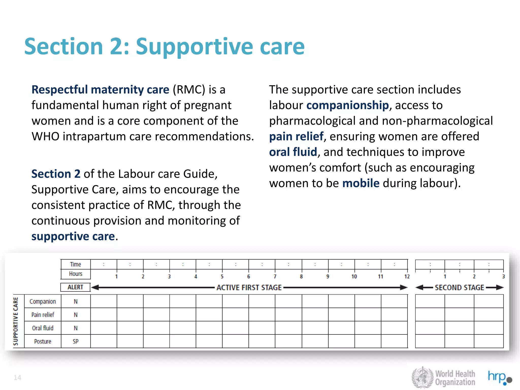 14
14
Section 2: Supportive care
Respectful maternity care (RMC) is a
fundamental human right of pregnant
women and is a core component of the
WHO intrapartum care recommendations.
Section 2 of the Labour care Guide,
Supportive Care, aims to encourage the
consistent practice of RMC, through the
continuous provision and monitoring of
supportive care.
The supportive care section includes
labour companionship, access to
pharmacological and non-pharmacological
pain relief, ensuring women are offered
oral fluid, and techniques to improve
women’s comfort (such as encouraging
women to be mobile during labour).
 