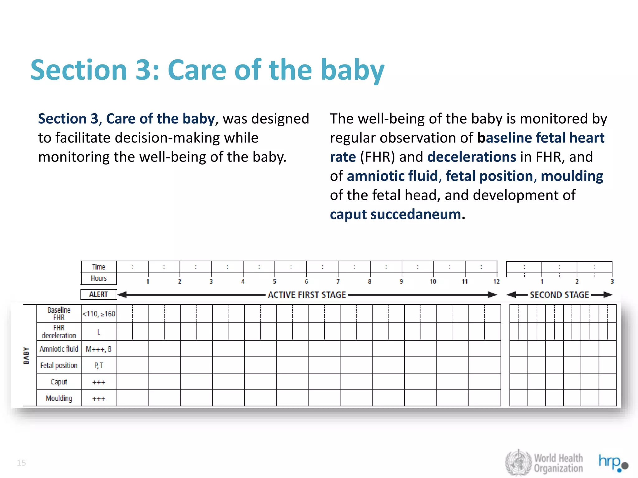 15
15
Section 3: Care of the baby
Section 3, Care of the baby, was designed
to facilitate decision-making while
monitoring the well-being of the baby.
The well-being of the baby is monitored by
regular observation of baseline fetal heart
rate (FHR) and decelerations in FHR, and
of amniotic fluid, fetal position, moulding
of the fetal head, and development of
caput succedaneum.
 