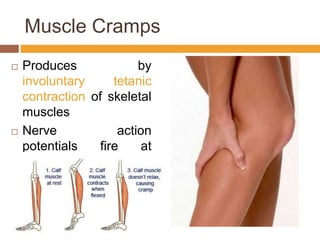 Muscle CrampsProduces by involuntary tetanic contraction of skeletal musclesNerve action potentials fire at abnormally high rates