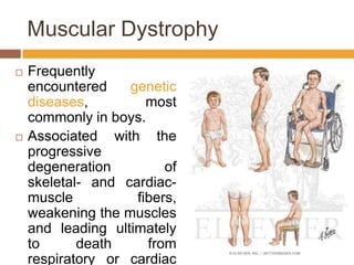 Muscular DystrophyFrequently encountered genetic diseases, most commonly in boys.Associated with the progressive degeneration of skeletal- and cardiac-muscle fibers, weakening the muscles and leading ultimately to death from respiratory or cardiac failure.