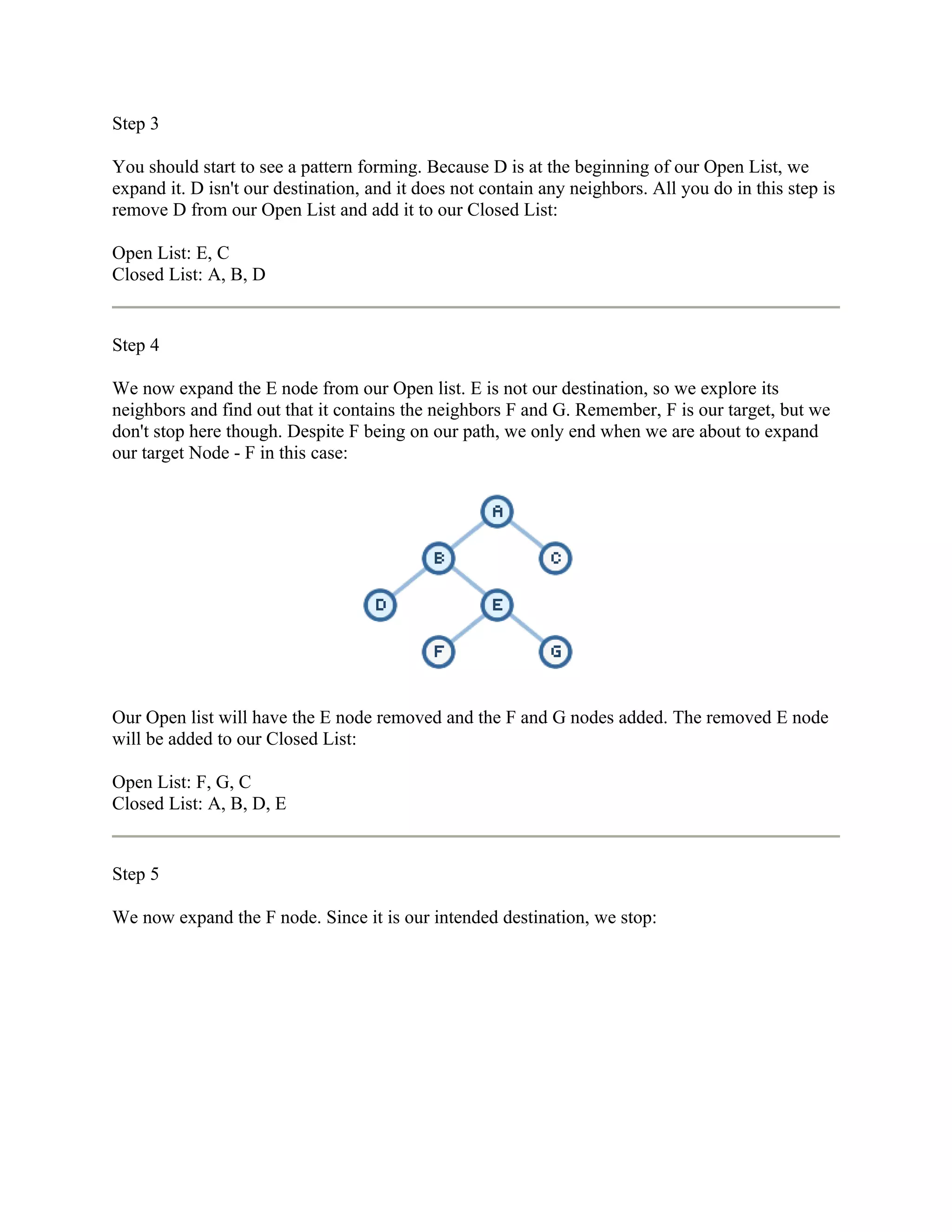 Step 3

You should start to see a pattern forming. Because D is at the beginning of our Open List, we
expand it. D isn't our destination, and it does not contain any neighbors. All you do in this step is
remove D from our Open List and add it to our Closed List:

Open List: E, C
Closed List: A, B, D


Step 4

We now expand the E node from our Open list. E is not our destination, so we explore its
neighbors and find out that it contains the neighbors F and G. Remember, F is our target, but we
don't stop here though. Despite F being on our path, we only end when we are about to expand
our target Node - F in this case:




Our Open list will have the E node removed and the F and G nodes added. The removed E node
will be added to our Closed List:

Open List: F, G, C
Closed List: A, B, D, E


Step 5

We now expand the F node. Since it is our intended destination, we stop:
 