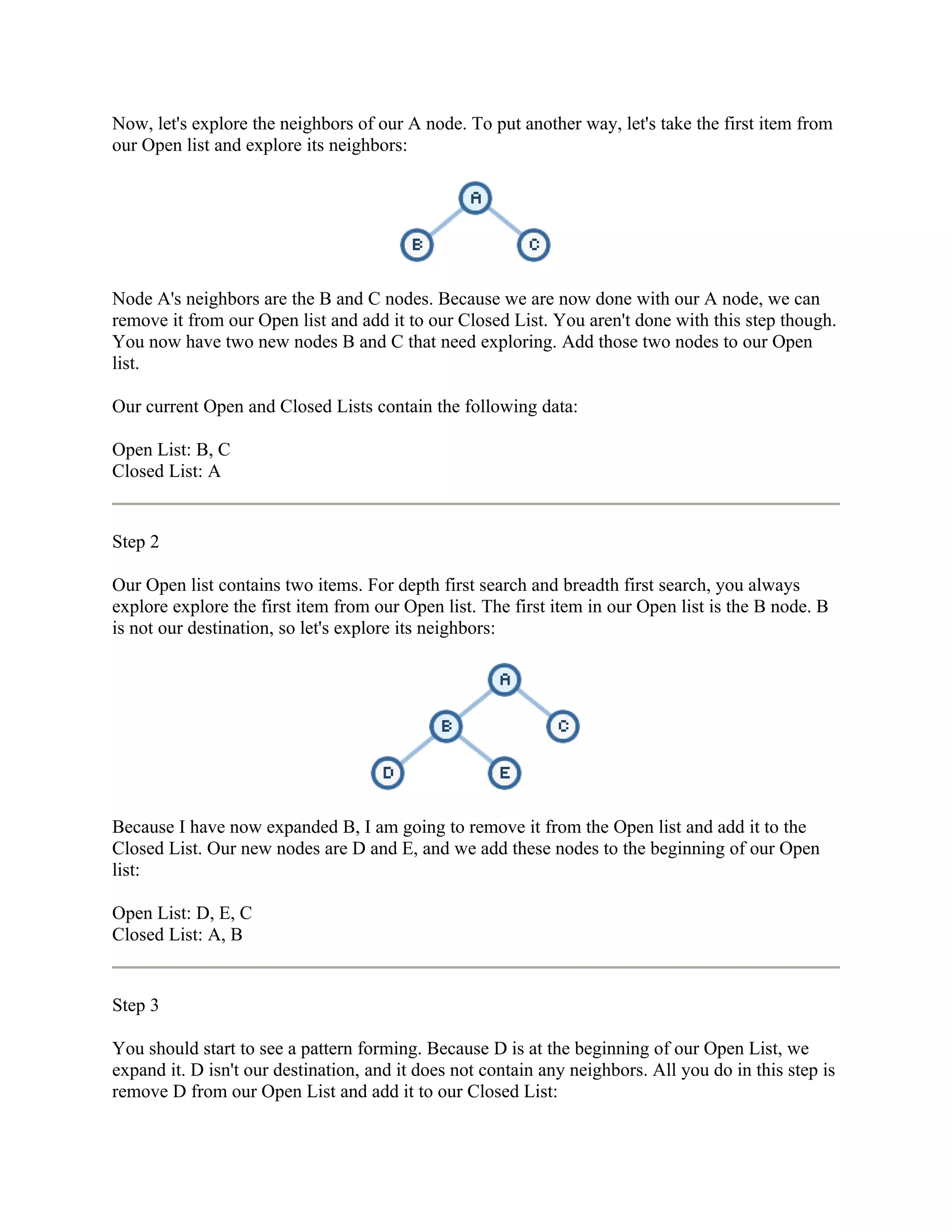 Now, let's explore the neighbors of our A node. To put another way, let's take the first item from
our Open list and explore its neighbors:




Node A's neighbors are the B and C nodes. Because we are now done with our A node, we can
remove it from our Open list and add it to our Closed List. You aren't done with this step though.
You now have two new nodes B and C that need exploring. Add those two nodes to our Open
list.

Our current Open and Closed Lists contain the following data:

Open List: B, C
Closed List: A


Step 2

Our Open list contains two items. For depth first search and breadth first search, you always
explore explore the first item from our Open list. The first item in our Open list is the B node. B
is not our destination, so let's explore its neighbors:




Because I have now expanded B, I am going to remove it from the Open list and add it to the
Closed List. Our new nodes are D and E, and we add these nodes to the beginning of our Open
list:

Open List: D, E, C
Closed List: A, B


Step 3

You should start to see a pattern forming. Because D is at the beginning of our Open List, we
expand it. D isn't our destination, and it does not contain any neighbors. All you do in this step is
remove D from our Open List and add it to our Closed List:
 