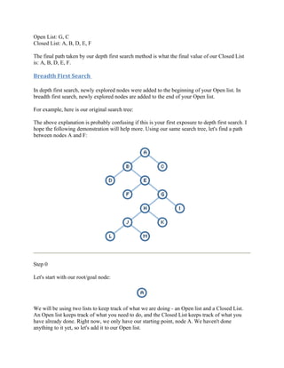 Open List: G, C
Closed List: A, B, D, E, F

The final path taken by our depth first search method is what the final value of our Closed List
is: A, B, D, E, F.

Breadth First Search

In depth first search, newly explored nodes were added to the beginning of your Open list. In
breadth first search, newly explored nodes are added to the end of your Open list.

For example, here is our original search tree:

The above explanation is probably confusing if this is your first exposure to depth first search. I
hope the following demonstration will help more. Using our same search tree, let's find a path
between nodes A and F:




Step 0

Let's start with our root/goal node:




We will be using two lists to keep track of what we are doing - an Open list and a Closed List.
An Open list keeps track of what you need to do, and the Closed List keeps track of what you
have already done. Right now, we only have our starting point, node A. We haven't done
anything to it yet, so let's add it to our Open list.
 