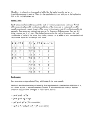 Miss Piggy is ugly and so the antecedent holds. But she is also beautiful and so
beautiful(misspiggy) is not true. Therefore the conclusion does not hold and so the implication
fails in this (and only this) case.

Truth Tables

Truth tables are often used to calculate the truth of complex propositional sentences. A truth
table represents all possible combinations of truths of the atoms and so contains all possible
models. A column is created for each of the atoms in the sentence, and all combinations of truth
values for these atoms are assigned one per row. So if there are $n$ atoms then there are $n$
initial columns and $2^n$ rows. The final column contains the truth of the sentence for each
combination of truths for the atoms. Intervening columns can be added to store intermediate truth
calculations. Below are two sample truth tables:




Equivalence

Two sentences are equivalence if they hold in exactly the same models.

Therefore we can determine equivalence by drawing truth tables that represent the sentences in
the various models. If the initial and final columns of the truth tables are identical then the
sentences are equivalent. Examples of equivalences include:
 