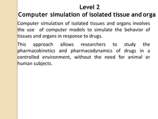 Level 2
Computer simulation of isolated tissue and orga
Computer simulation of isolated tissues and organs involves
the use of computer models to simulate the behavior of
tissues and organs in response to drugs.
This approach allows researchers to study the
pharmacokinetics and pharmacodynamics of drugs in a
controlled environment, without the need for animal or
human subjects.
 