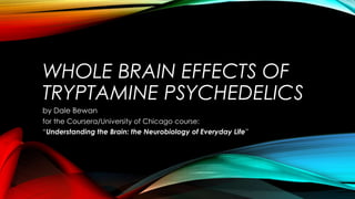 WHOLE BRAIN EFFECTS OF
TRYPTAMINE PSYCHEDELICS
by Dale Bewan
for the Coursera/University of Chicago course:
“Understanding the Brain: the Neurobiology of Everyday Life”
 