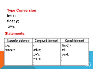 Type Conversion
int x;
float y;
x=y;
Statements:
22
 