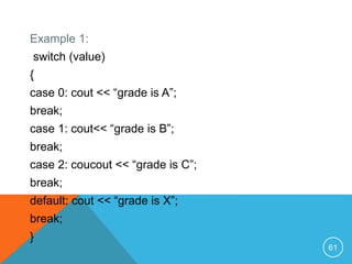 Example 1:
switch (value)
{
case 0: cout << “grade is A”;
break;
case 1: cout<< “grade is B”;
break;
case 2: coucout << “grade is C”;
break;
default: cout << “grade is X”;
break;
}
61
 