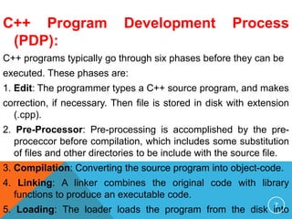 C++ Program Development Process
(PDP):
C++ programs typically go through six phases before they can be
executed. These phases are:
1. Edit: The programmer types a C++ source program, and makes
correction, if necessary. Then file is stored in disk with extension
(.cpp).
2. Pre-Processor: Pre-processing is accomplished by the pre-
proceccor before compilation, which includes some substitution
of files and other directories to be include with the source file.
3. Compilation: Converting the source program into object-code.
4. Linking: A linker combines the original code with library
functions to produce an executable code.
5. Loading: The loader loads the program from the disk into
7
 