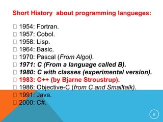 Short History about programming langueges:
1954: Fortran.
1957: Cobol.
1958: Lisp.
1964: Basic.
1970: Pascal (From Algol).
1971: C (From a language called B).
1980: C with classes (experimental version).
1983: C++ (by Bjarne Stroustrup).
1986: Objective-C (from C and Smalltalk).
1991: Java.
2000: C#.
8
 
