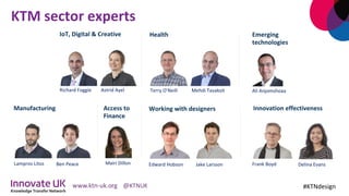 KTM	sector	experts	
#KTNdesign	
Health	IoT,	Digital	&	Creative	
Manufacturing	
Richard	Foggie	 Astrid	Ayel	 Terry	O’Neill	 Mehdi	Tavakoli	
Access	to	
Finance	
	
Mairi	Dillon	
Emerging	
technologies	
Ali	Anjomshoaa	
Lampros	Litos	 Ben	Peace	
Innovation	effectiveness	
Frank	Boyd	 Delina	Evans	
Working	with	designers	
Edward	Hobson	 Jake	Larsson	
 