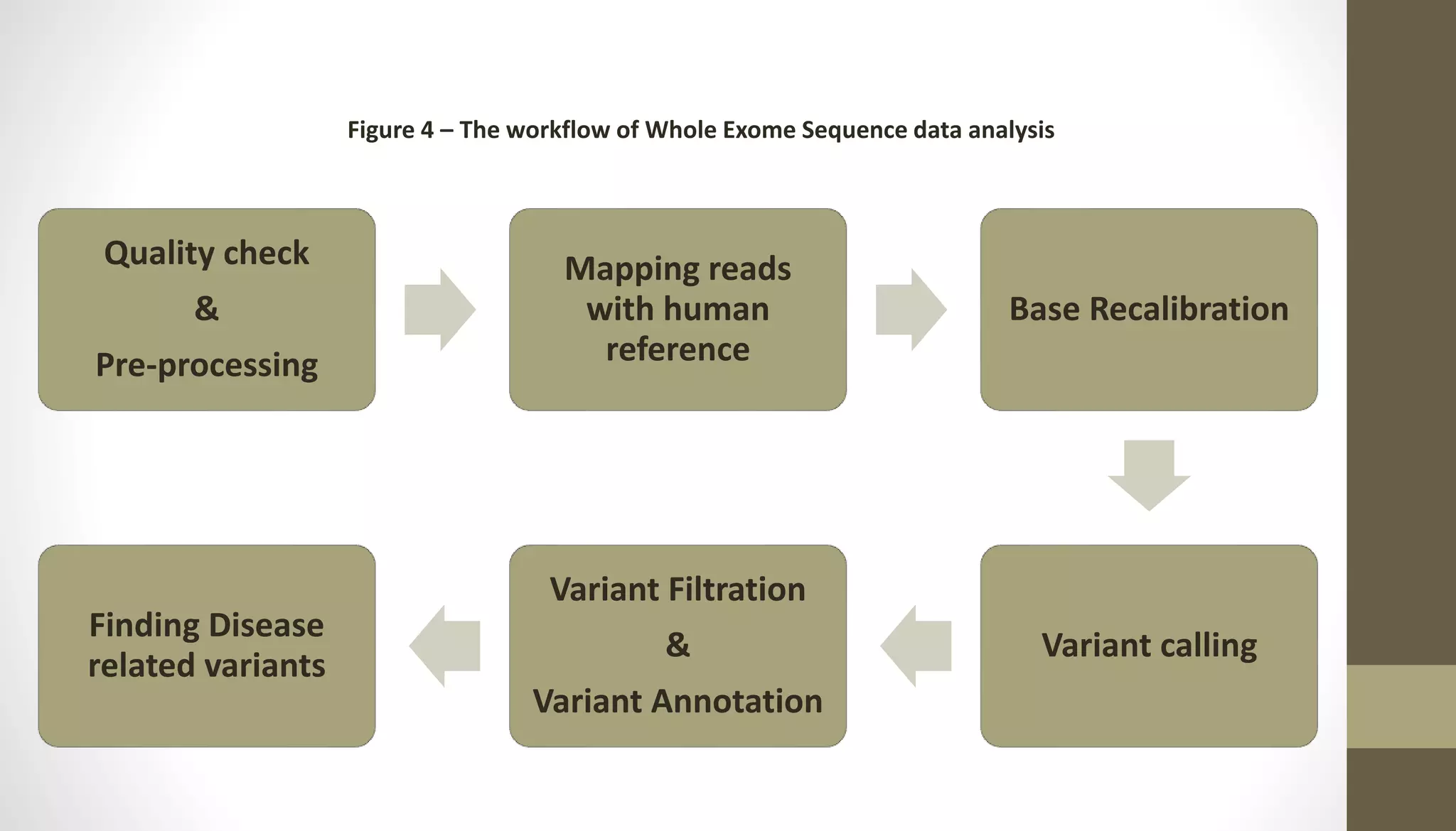 Quality check
&
Pre-processing
Mapping reads
with human
reference
Base Recalibration
Variant calling
Variant Filtration
&
Variant Annotation
Finding Disease
related variants
Figure 4 – The workflow of Whole Exome Sequence data analysis
 