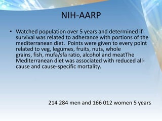 Attica study (chemical markers in blood tests)OBJECTIVES: We studied the effect of the Mediterranean diet on plasma levelsof:C-reactive protein (CRP), White blood cell counts, Interleukin(IL)-6, Tumor necrosis factor (TNF)-alpha, Amyloid A, Fibrinogen Homocysteine                           3000 people 1yrJ Am CollCardiol, 2004; 44:152-158, doi:10.1016/j.jacc.2004.03.039