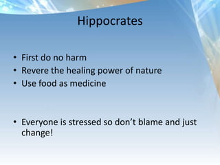 Lyon Heart Study (good fats)Some had 40% of daily calories from fat(vs 20% from fat with the AHA diet)70% reduction in cardiovascular mortality and morbidityQuality not the quantity of fats…..discuss!
