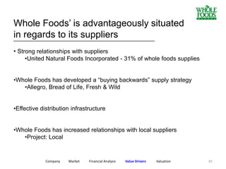 45
Whole Foods’ is advantageously situated
in regards to its suppliers
• Strong relationships with suppliers
•United Natural Foods Incorporated - 31% of whole foods supplies
•Whole Foods has developed a “buying backwards” supply strategy
•Allegro, Bread of Life, Fresh & Wild
•Effective distribution infrastructure
•Whole Foods has increased relationships with local suppliers
•Project: Local
Company Market Financial Analysis Value Drivers Valuation
_____________________________________________
 