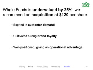 49
Whole Foods is undervalued by 25%; we
recommend an acquisition at $120 per share
• Expand in customer demand
• Cultivated strong brand loyalty
• Well-positioned, giving an operational advantage
_________________________________________________________________
Company Market Financial Analysis Value Drivers Valuation
 