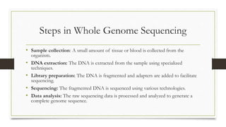 Steps in Whole Genome Sequencing
• Sample collection: A small amount of tissue or blood is collected from the
organism.
• DNA extraction: The DNA is extracted from the sample using specialized
techniques.
• Library preparation: The DNA is fragmented and adapters are added to facilitate
sequencing.
• Sequencing: The fragmented DNA is sequenced using various technologies.
• Data analysis: The raw sequencing data is processed and analyzed to generate a
complete genome sequence.
 